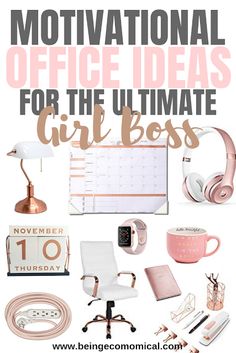 an office desk with headphones and other items for the ultimate girl boss's day