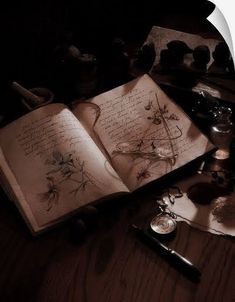 an open book sitting on top of a wooden table next to other writing instruments and objects