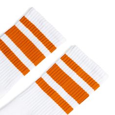 White athletic socks with three orange stripes for men, women and kids. White Cotton Retro Socks, Retro White Cotton Socks, Retro White Socks For Winter, Cozy White Cotton Socks, Modern Tech, Sock Game, White Socks, Striped Socks, Tube Socks