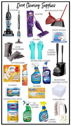 various cleaning supplies that are labeled in the following words, including gloves, hand sanitizers, and cleaner products