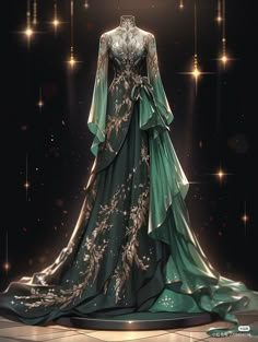 Green Gowns, Dreamy Gowns, Dress Design Drawing, Fantasy Clothes, Fantasy Outfits, Chique Outfits, Fashion Drawing Dresses, Fantasy Dresses, Dress Design Sketches