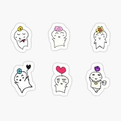 six stickers with different faces and hearts on them, all drawn in one line