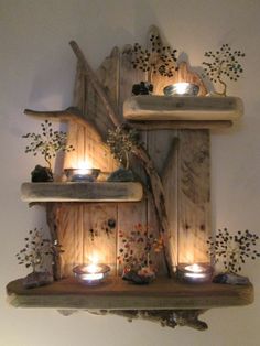 two shelves with candles and some plants on them in the shape of wooden planks