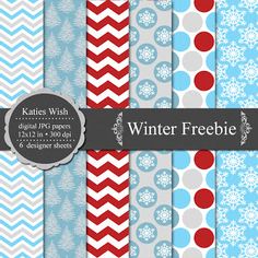 winter digital paper pack with red, white and blue snowflakes on the background