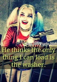 a woman with blue hair and makeup holding a guitar in front of her face, text reads he thinks the only thing i can load is the washer