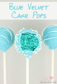 blue velvet cake pops on a stick with sprinkles and white frosting