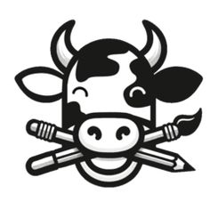 a black and white cow with two pencils in it's mouth is shown