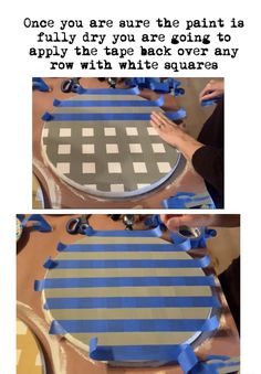 two pictures showing how to make a blue and white checkerboard cake with ribbon