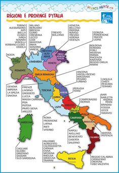 a map of italy with all the regions labeled in different colors and names on it