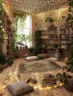 a room filled with lots of plants and lights