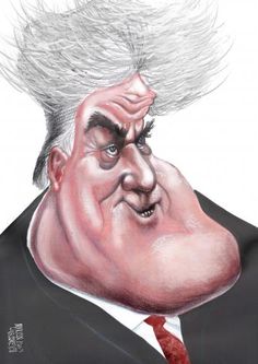 a caricature of a man with white hair on his head, wearing a suit and tie