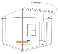 a drawing of a small house with the door open and two windows on each side