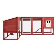 a red chicken coop with two doors and one door open on the side, in front of a white background