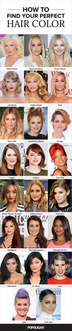 The ultimate hair-color guide — get inspired by these gorgeous celebrity shades! Hair Color Quiz, Hair Color Guide, Balayage Bob, Perfect Hair Color, Different Hair Colors, Different Hair, Color Guide, Popsugar Beauty