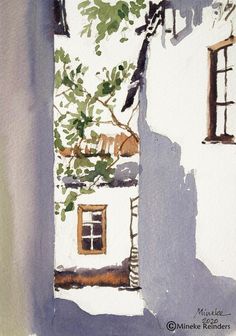 a watercolor painting of a house with a tree in the window