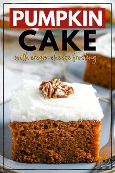 pumpkin cake with cream cheese frosting on a plate