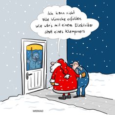 a cartoon depicting santa claus looking at the door to his friend's house, who is wearing a red coat