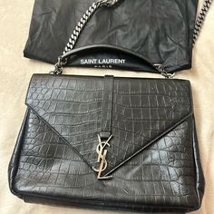 Croc Embossed Leather- Black Three Dividers Inside And A Deep Back Pocket On Other Side Of Handbag Original $2,790 Bags Ysl, Saint Laurent Bags, Yves Saint Laurent Bags, Embossed Leather, Yves Saint Laurent, Saint Laurent, Bag Lady, Shoulder Bag, Handbags