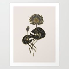 an art print with waterlilies and leaves in gold on a white background,