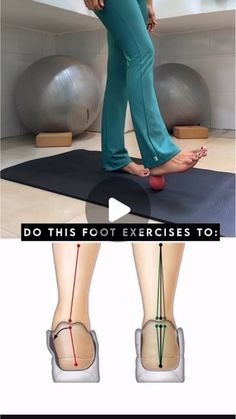 a woman standing on top of a yoga mat with her feet in the air, and another