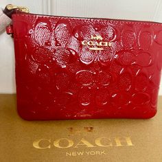 Coach Wristlet Electric Red/Gold Signature Patent Leather And Smooth Leather Two Credit Card Slots Zip-Top Closure, Fabric Lining Wrist Strap Attached 6 1/4" (L) X 4" (H) X 1/2" (W) Style No. Cn049 Monkey Bag, Lavender Interior, Envelope Wallet, Coin Purse Wallet, Black Wallet, Coach Wristlet, Coach Leather, Small Wallet, Card Holder Leather