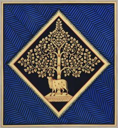 an elephant standing under a tree in the middle of a blue and gold design on a black background