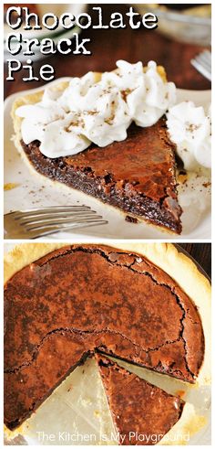 a chocolate pie with whipped cream on top and the bottom slice missing from it's pie