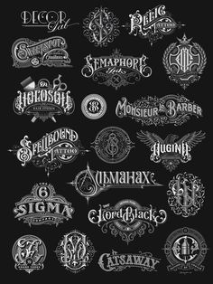 an assortment of different type of logos on a black background with white lettering in the middle