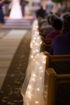 tulle aisle pew breathtaking theknot weddingwire legit String Lights Outdoor Wedding, Wedding Church Aisle, Church Aisle, Wedding Pews, Pew Decorations, Wedding Church Decor, Aisle Decorations, Church Wedding Decorations