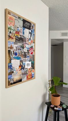 there is a wall with pictures on it and a plant next to the table in front