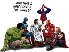 an image of the avengers family with jesus and other superheros in front of them