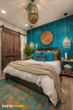 Boho bedroom with teal and orange accents, wooden decor, and cozy textiles. Orange Boho Bedroom, Teal Accent Walls, Teal And Orange, Bedroom Oasis