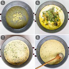 four images showing how to make an omelet in a skillet with ingredients