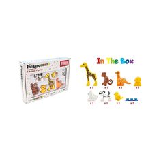 the in the box toys include animals, including giraffes and zebras