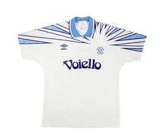 a white and blue soccer jersey with the word voielo on it's chest