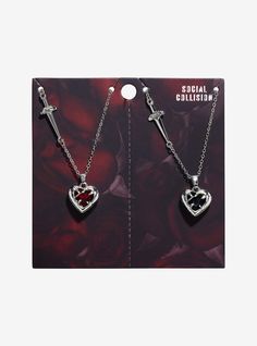 Social Collision Heart Gem Sword Best Friend Necklace Set | Hot Topic Necklaces Hot Topic, Matching Presents For Couples, Cute Friendship Jewelry, Matching Jewelry Best Friends, Matching Things For Best Friends, Matching Necklaces For Best Friends, Social Collision, Best Friends Jewelry, Couple Accessories