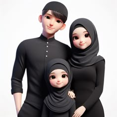 two people are dressed in black and one is holding a doll