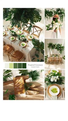 a collage of photos with green plants and white flowers on the table in front of them