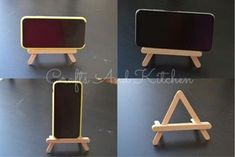 four different angles of a wooden stand with black and yellow panels on each one side