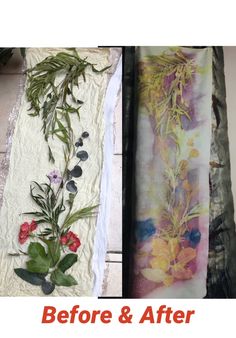 before and after pictures of fabric with flowers, leaves and berries on them in different stages of drying