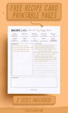 a recipe card is shown with the words, free recipe card printable pages and 2 sizes included