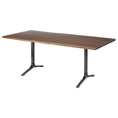 a wooden table with two black legs