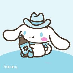 a cartoon bunny holding a bottle and wearing a hat