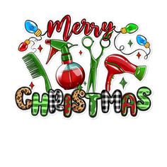 merry christmas sticker with scissors, hairbrush and bauble on white background