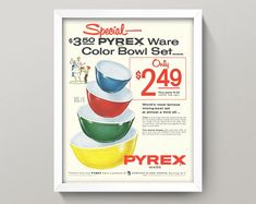 an advertisement for pyrex bowls on the wall