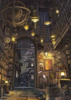 an image of a hallway with lots of books on the walls and lights hanging from the ceiling