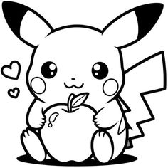 a cute pikachu holding an apple with hearts on it's chest coloring page