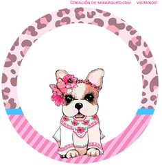 a small dog with pink flowers on its head sitting in front of a leopard print circle