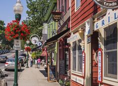 people walking down the sidewalk in front of shops on a sunny day with red flowers