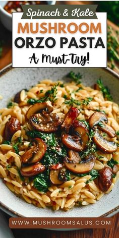 mushroom orzo pasta with spinach and kale in a white bowl